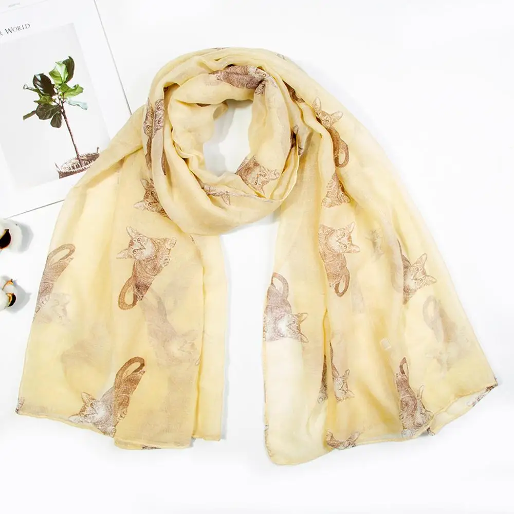 Женский шарф бандана в клетку платок женский зимний шифоновый с принтом кошки