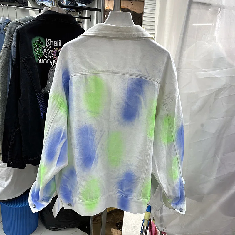 

Harajuku Tie-dye Contrast Color White Denim jacket Women Loose Fashion Patch Printing Long sleeve Streetwear Jeans Jacket Female
