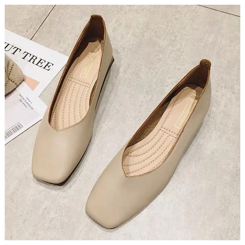 

New Spring Flats Shoes Women Wooden Low Heel Ballet Square Toe Shallow Brand Shoe Slip On Loafer zapatos de mujer big size 35-41