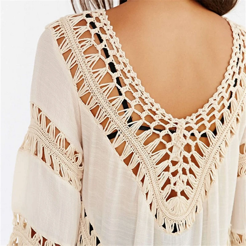 

Sleeve Cover Up Bikini Bathing Suit Swim Cover Ups Beachwear Women Swimsuit Robe de plage Crochet White Pareo Tunic Beach Dress