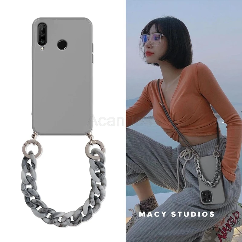 Crossbody Lanyard Necklace Marble Chain Case For Huawei P30 P40 P20 Lite P Smart Pro Plus 2021 2020 2019 Bracelet Back Cover