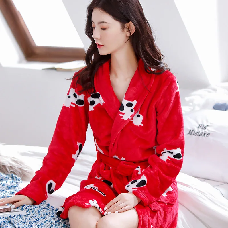 

Flannel Nightgown Pajamas Bathrobes Ladies Autumn And Winter Thickened Long-Sleeved Coral Fleece Warm Home Service Bathrobe