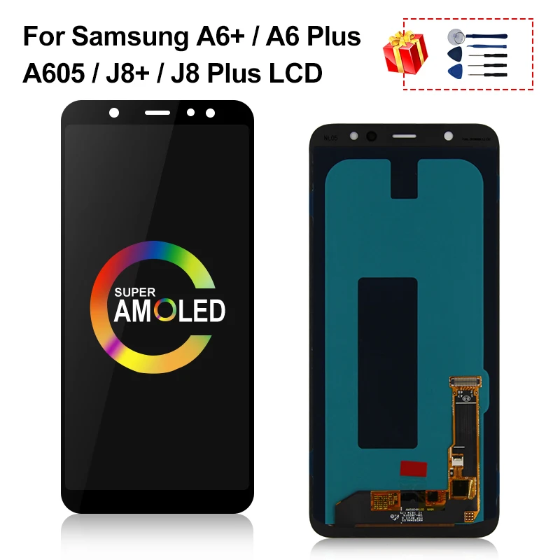 

ЖК-дисплей 6,0 дюймов AMOLED для Samsung Galaxy A6 Plus 2018 A605, сенсорный экран с дигитайзером в сборе для J8 Plus J8 +, запасные части