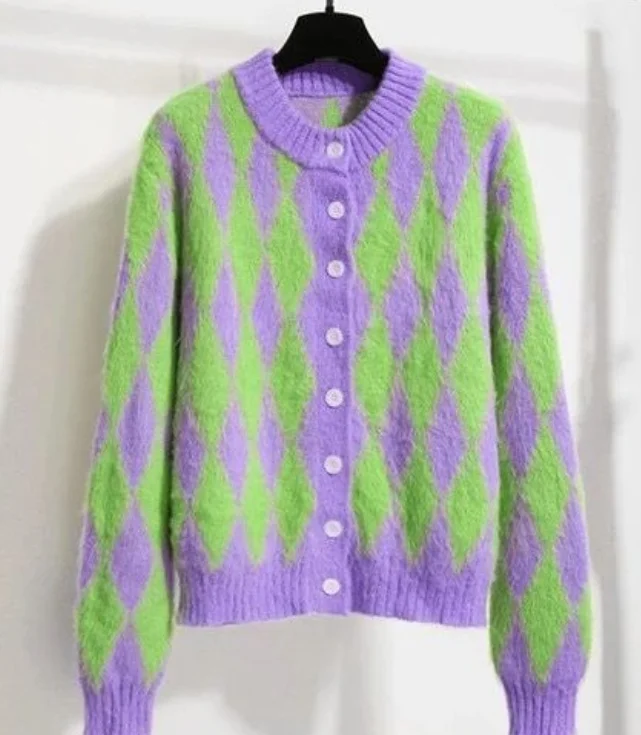 

Green Purple Diamond Plaid Vintage Sweater Women's 2021 New Plaid Knitted Cardigan