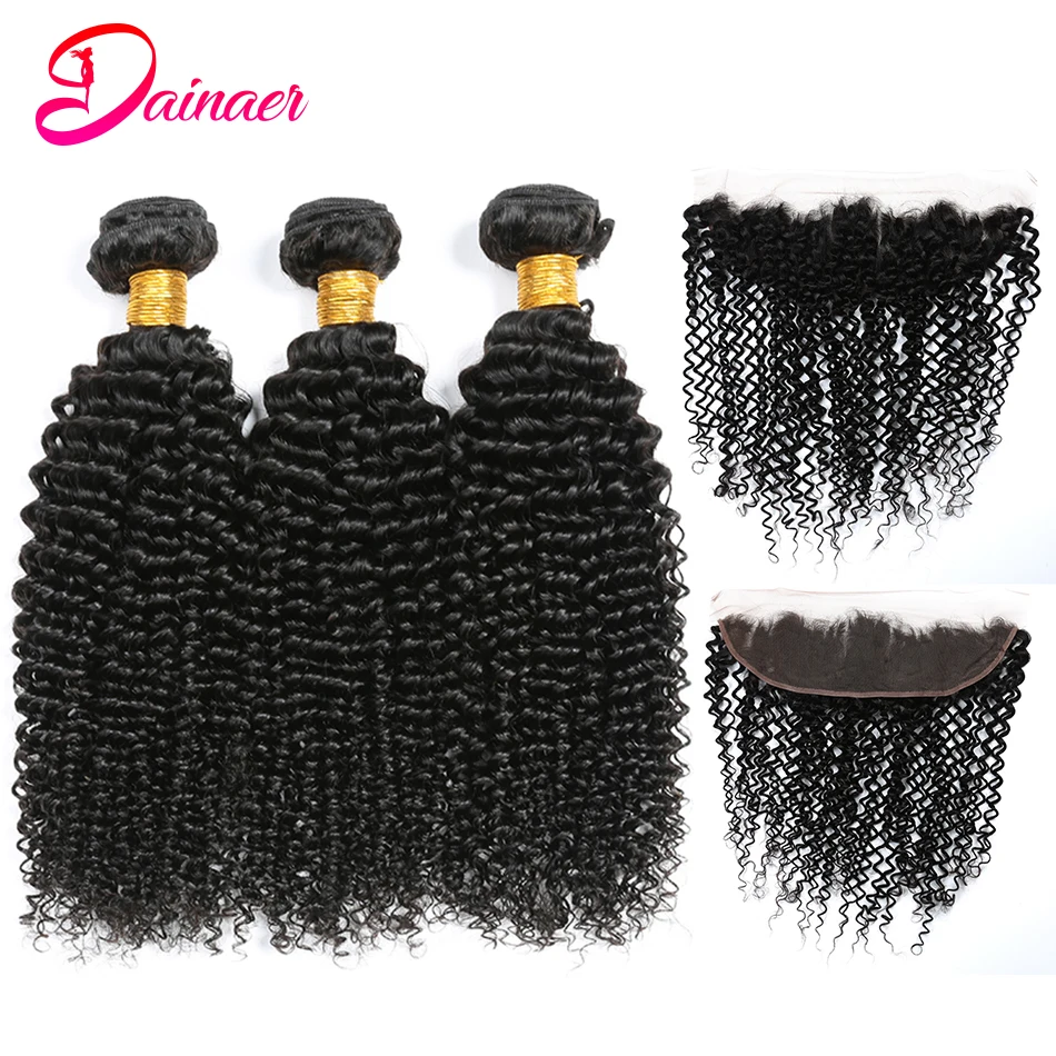 Mechones de cabello humano Afro rizado con Frontal, extensiones de cabello con malla Frontal 13x4, con cierre Frontal, 3 uds.