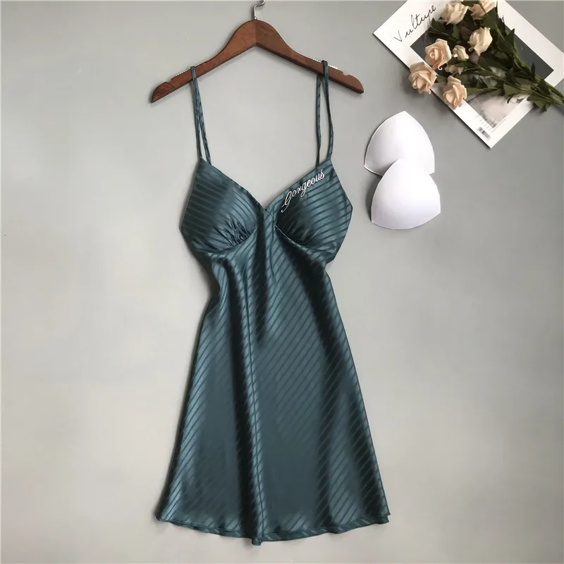 

2021 Summer Women Nightgowns Sleepshirts Silk Sleepwear Satin Sexy Spaghetti Strap Embroidery Nightdress Nightwear