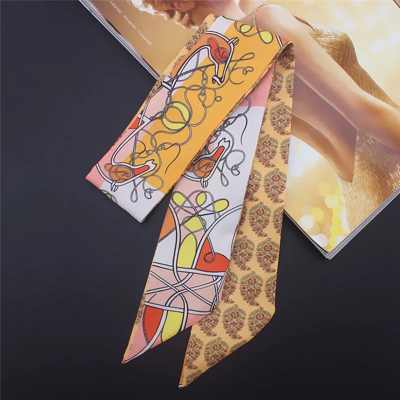 Женские шелковые шарфы с цепочкой Длинные облегающие принтом офисный платок