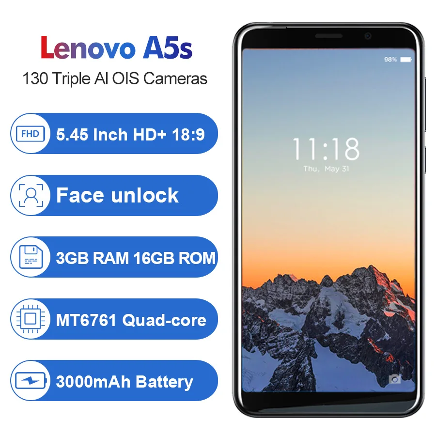Глобальная версия lenovo A5s 2GB 16GB MT6761 четырехъядерный 13MP камера смартфон 5 45 дюймов HD