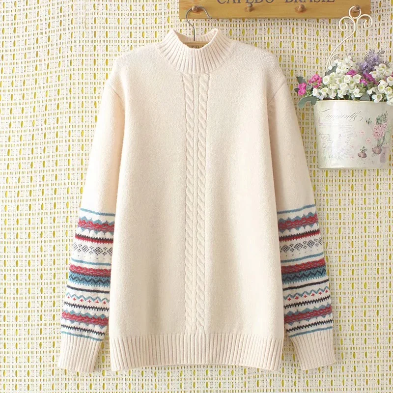 Half Turtleneck Vintage Print Oversized Sweater Women Autumn Winter Patchwork Color Knitted Pullover Female Retro Outwear Coat