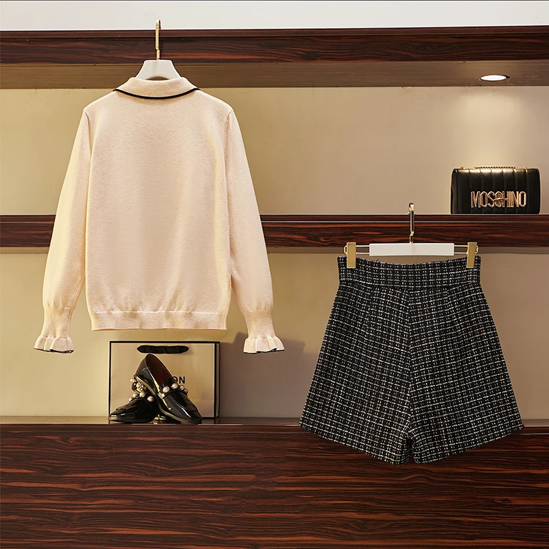 

Autumn Women Sweater Long Sleeve Top & Shorts Big Yards Outfit New Fashion Two Pcs Suits Fashion Lady Set Clothing