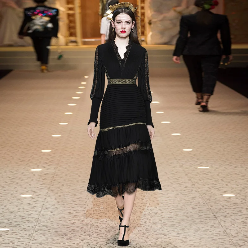 

V-neck Lace Stitching Lantern Long-sleeved Hollow Perspective Fold Princess Style Slim Dress 2022 Spring Party Dress for Women