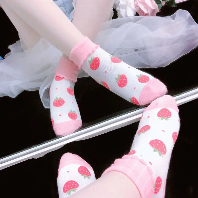 

New Sweet Cute Lolita Socks for Women Girls Japanese Kawaii Accessories Gift Anime Cosplay Lace Strawberry Sock Christmas