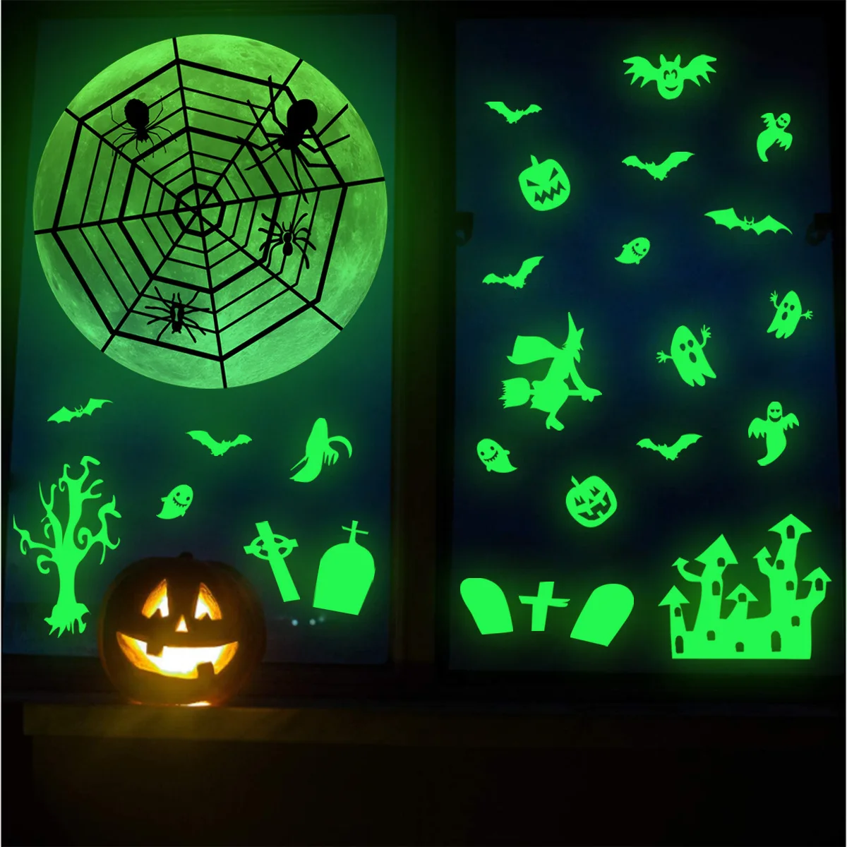 

Halloween Party Decoration Luminous Sticker Witch Bat Ghost Spider Web Horror Glow In The Dark Wall Sticker Kids Room Wall Decal