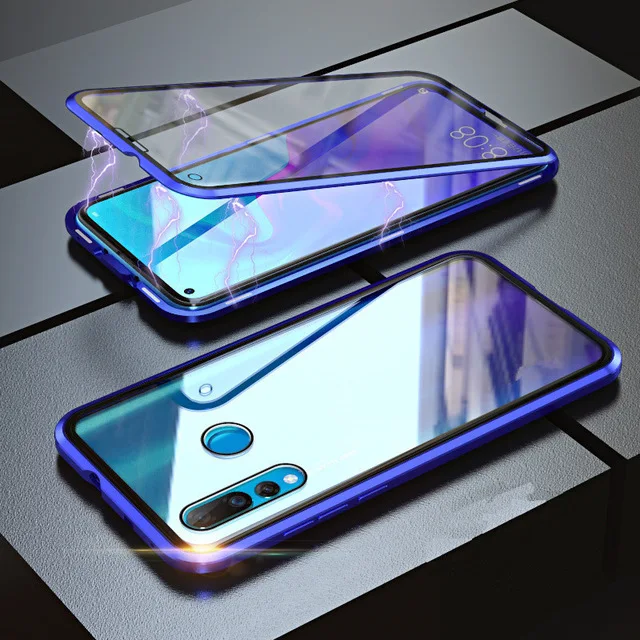 Синий Full Magnetic Cover Case For Huawei P Smart Z Case 360 double side Glass Cover for y9 Magnet Metal For Y9 Prime case - Цвет: Синий
