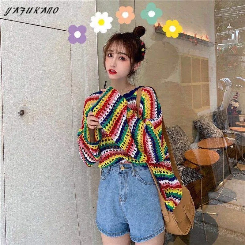 Rainbow Women Sweetshirts Vintage Mesh Clothes Cute Knitted Top Oversize Long Sleeve Aesthetic Pullover Korean Fashion