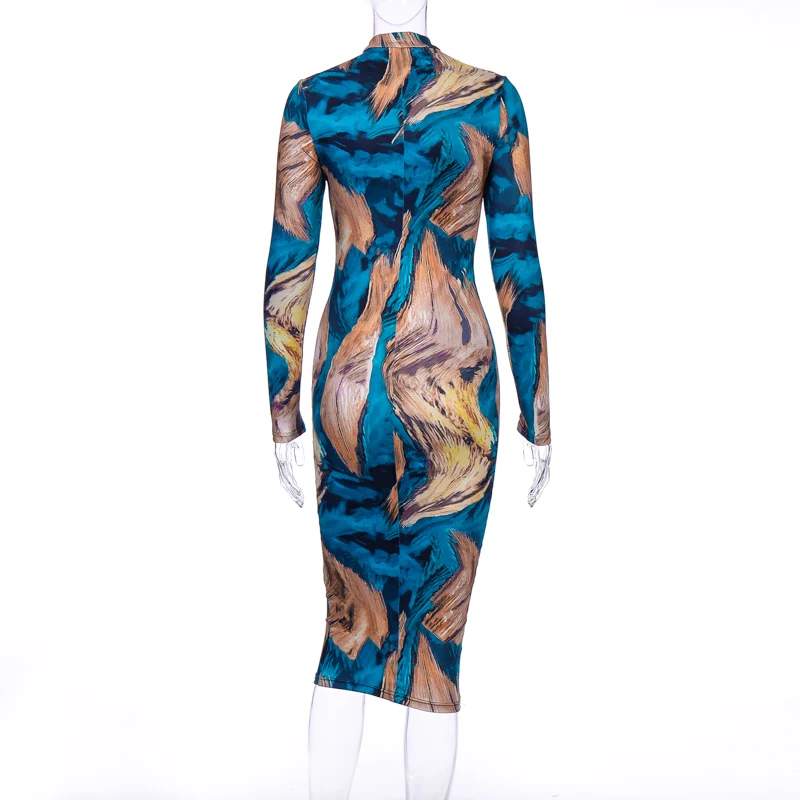 

2020 Long Sleeve Print Bodycon Sexy Dress Autumn Winter Women Party Elegant Slim Christmas Club Outfits