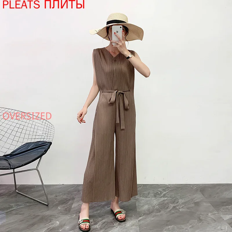 Miyake Pleated Jumpsuit Wide Leg Casual Pants Loose Large Lace Up