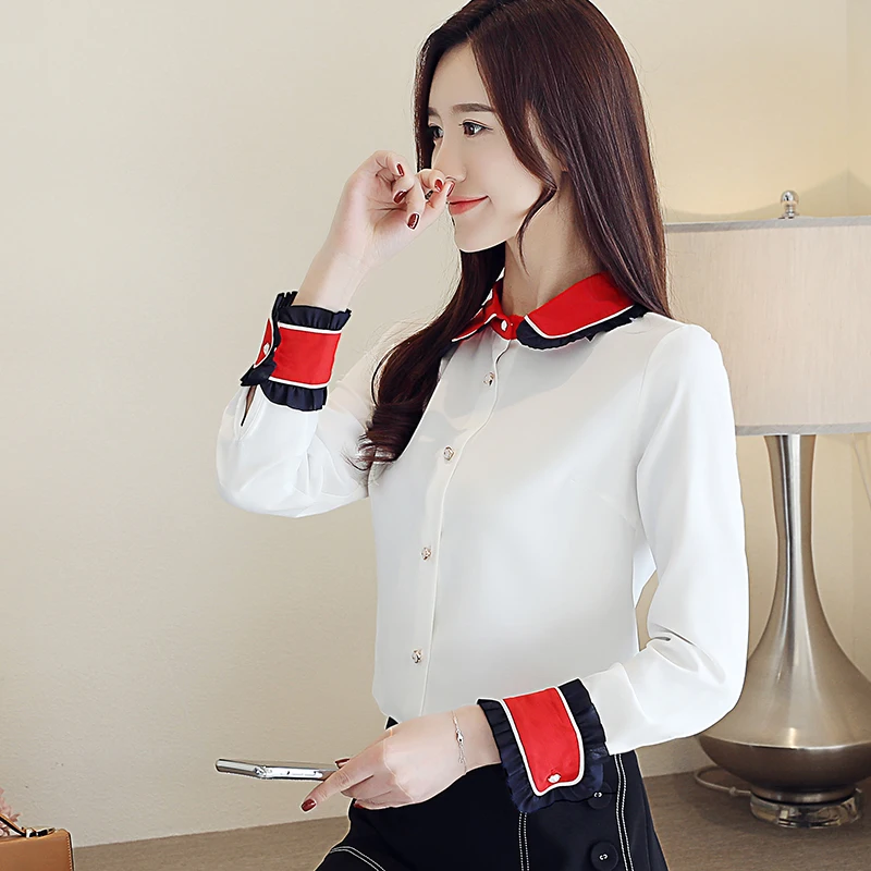 Женская шифоновая блузка с воротником Питер Пэн элегантная цветная длинным