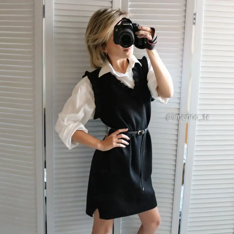 Женский трикотажный жилет GIGOGOU черный плотный Трикотажный с V-образным вырезом