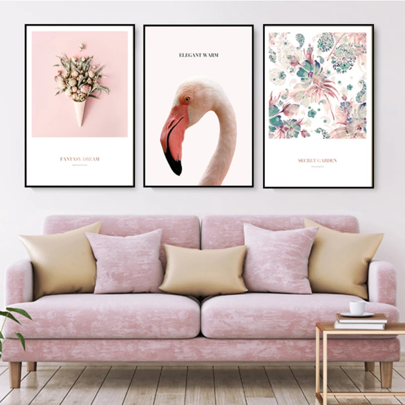 Скандинавские розовые цветы животные птицы холст украшение картина без рамки