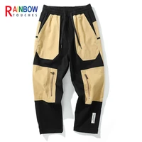 rainbowtouches men fashion retro casual splicing solid color straight cargo zipper pocket pants hip hop high street trousers
