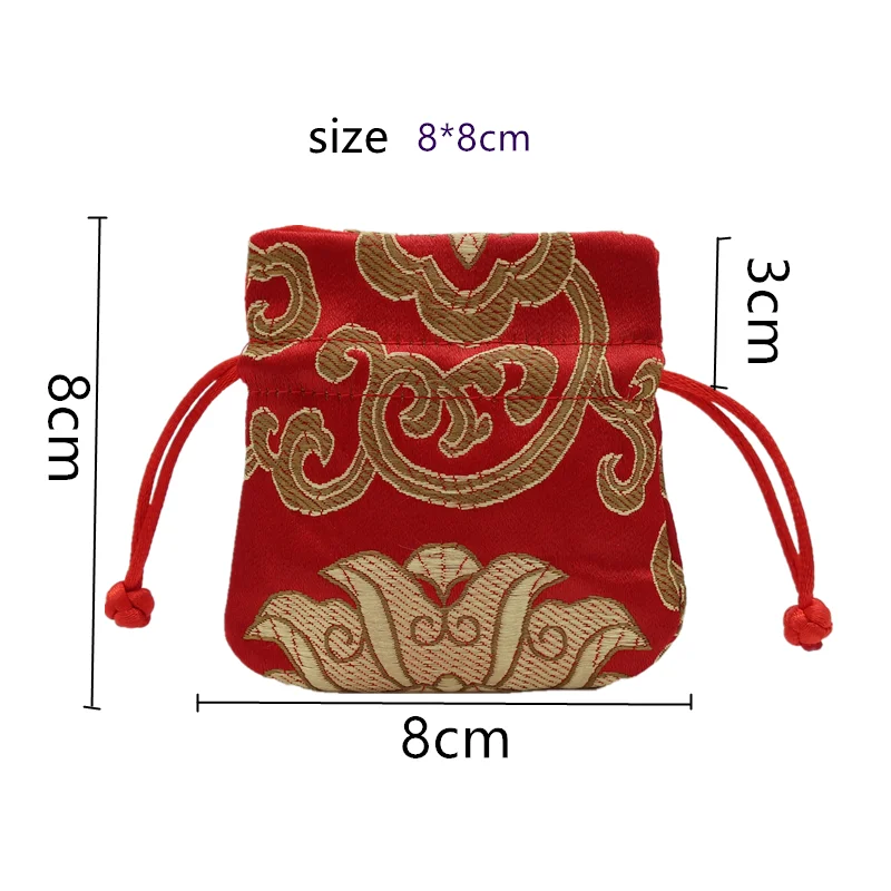10pcs Mini Chinese style Gift Bag Drawstring Brocade Handmade Silk Pouch Jewelry Packaging Ring Earrings Vintage Sachet  8x8cm
