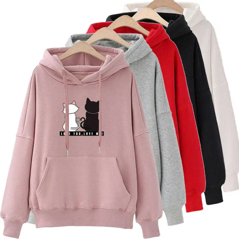 Hirigin Women Long Sleeve Hoodie Sweatshirt Hooded Jumper Pullover Causal Tops Cartoon Lovely Cat print hoody Clothes | Женская одежда