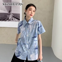 xizihupan print blue shirts for women lapel short sleeve hit color loose straight fashion blouses female 2021 summer clothing