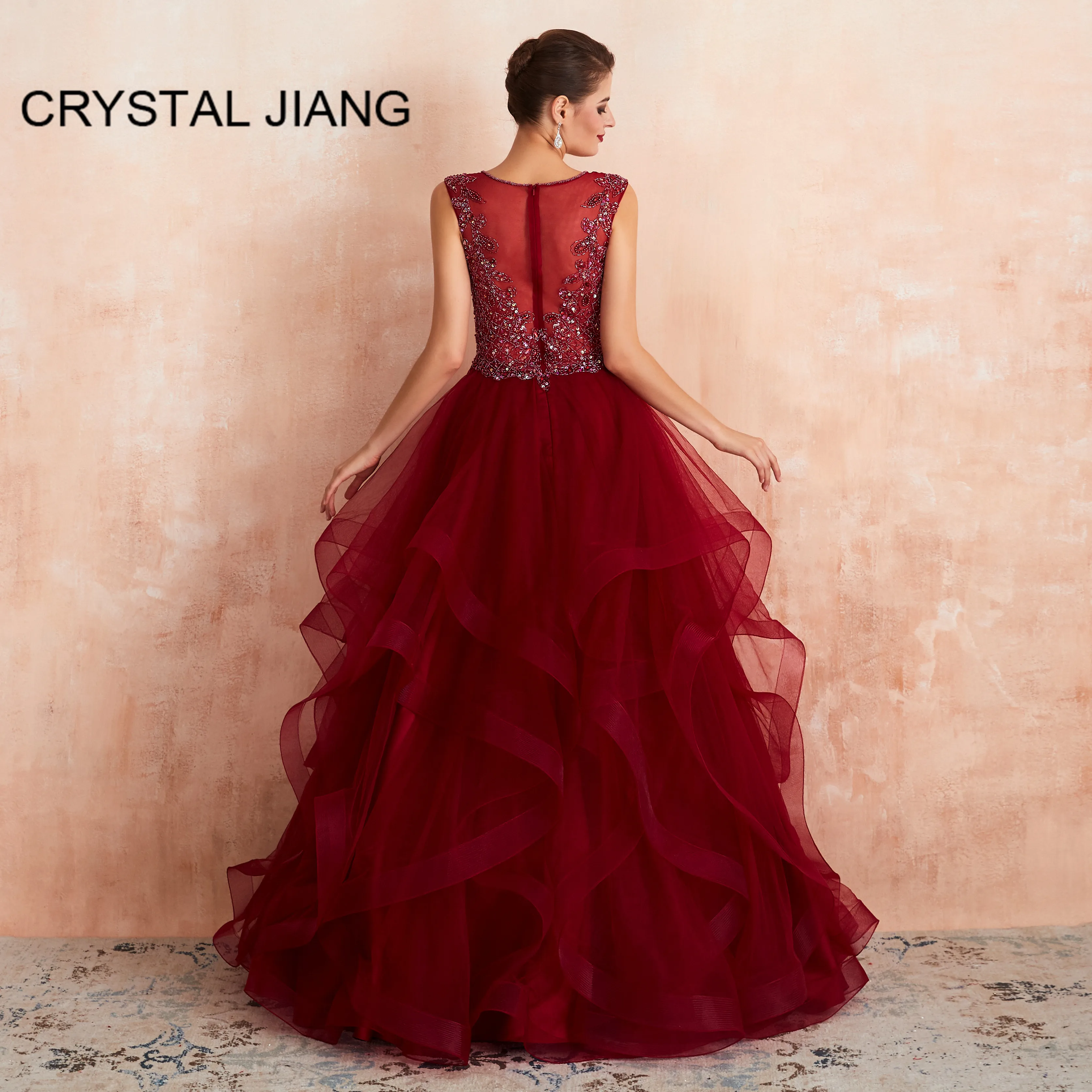 

Robe De Soiree Wine Red Ball Gown Evening Dress V-neck Ruffles Delicate Beaded Floor Length Formal Gown Evening