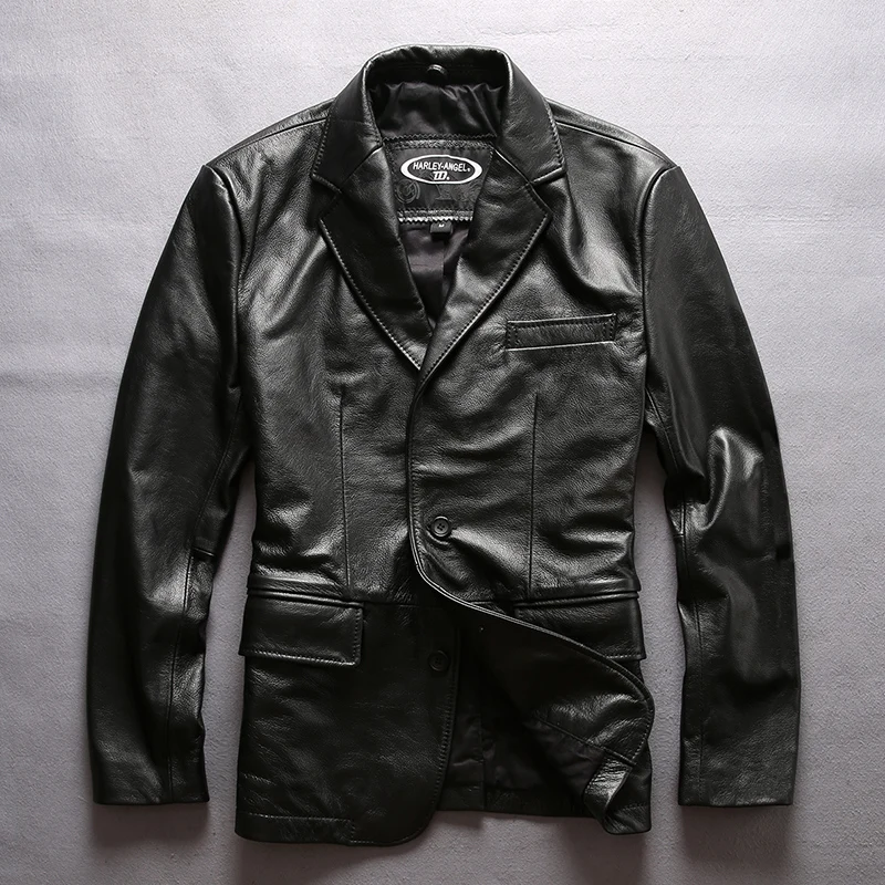 

brand 2021 Fashion blazer genuine leather jacket men's slim fit real leather Suit turn down collar men casual leather coat