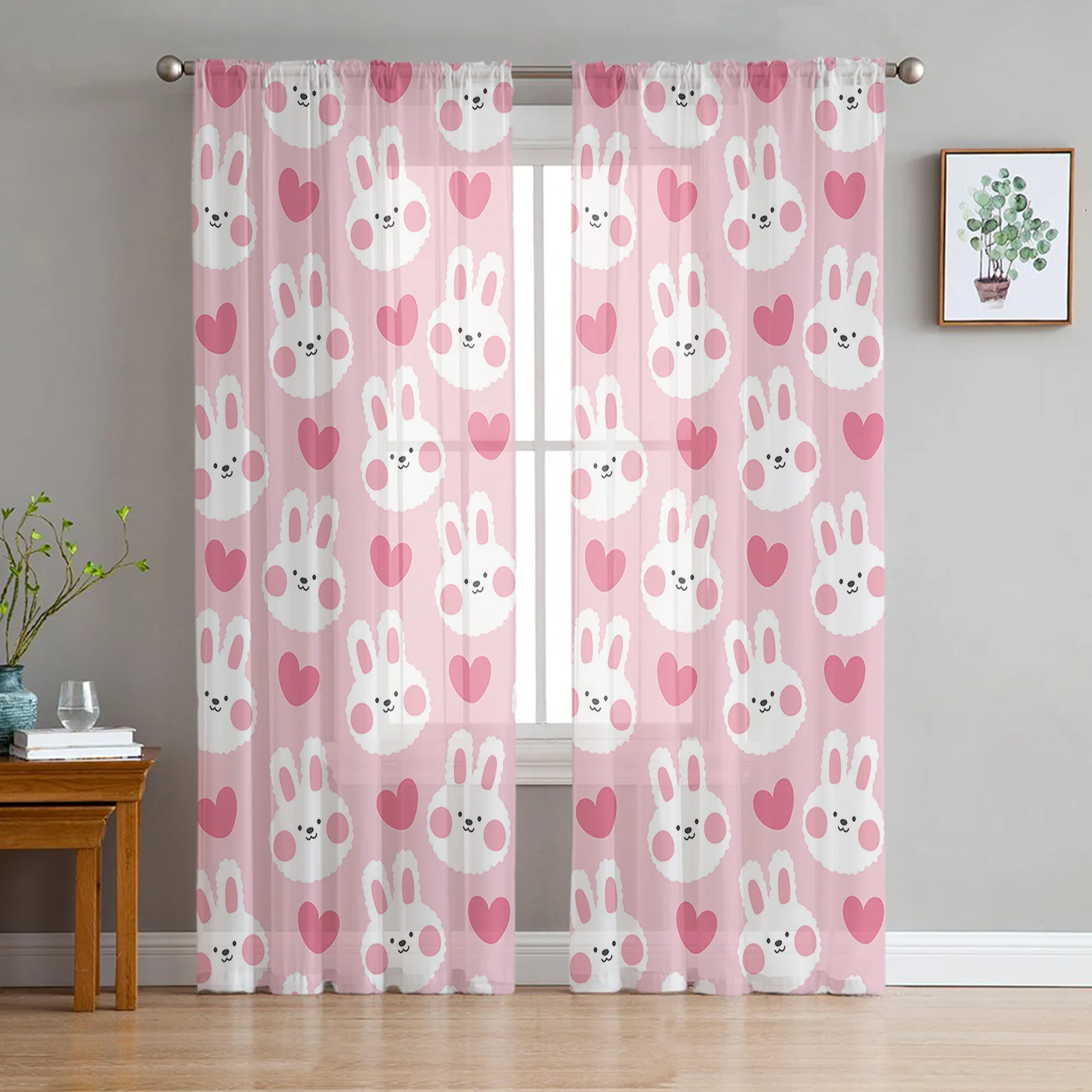 

Easter Pink Bunny Love Sheer Window Curtains for Living Room Bedroom Modern Tulle Voile Curtains Fabric Drapes
