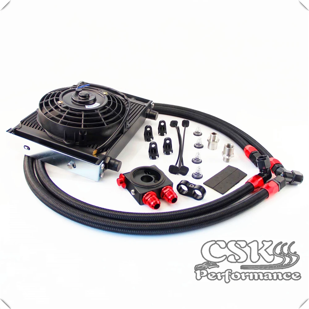 Universal AN10 30 Row Oil Cooler Thermostat Sandwich +7&quot Electric Fan kit Black / Silver |