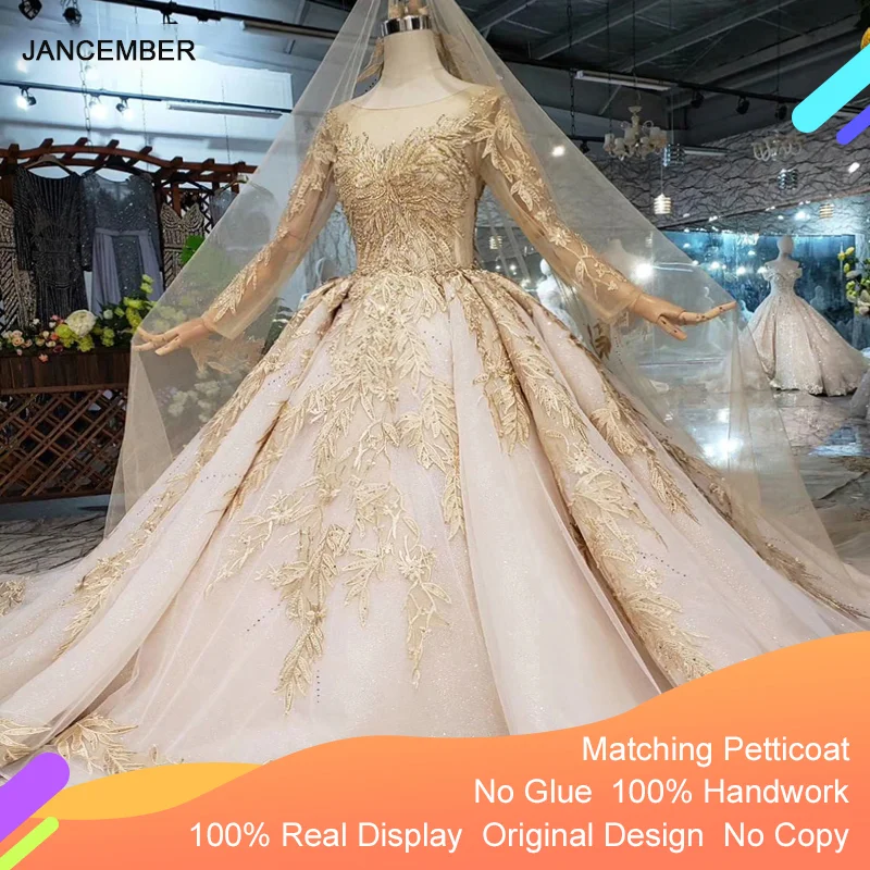 LS11555 Luxury Wedding Dress With Veil Backless Handmade Champagne Golden Lace Bridal Gown Long Train | Свадьбы и торжества