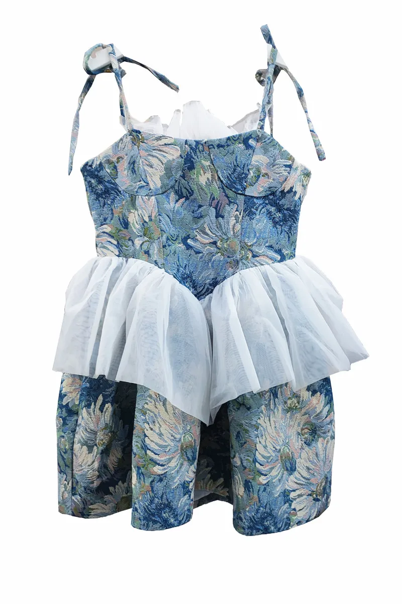 

2021 Summer New Mesh Patchwork Retro Oil Painting Style Suspender Short Pettiskirt Dress for Women