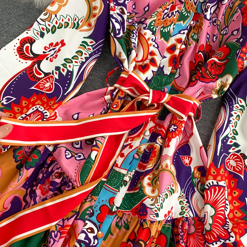 

Women's spring autumn long sleeve vintage flower print dress female travel A-line dress TB1298