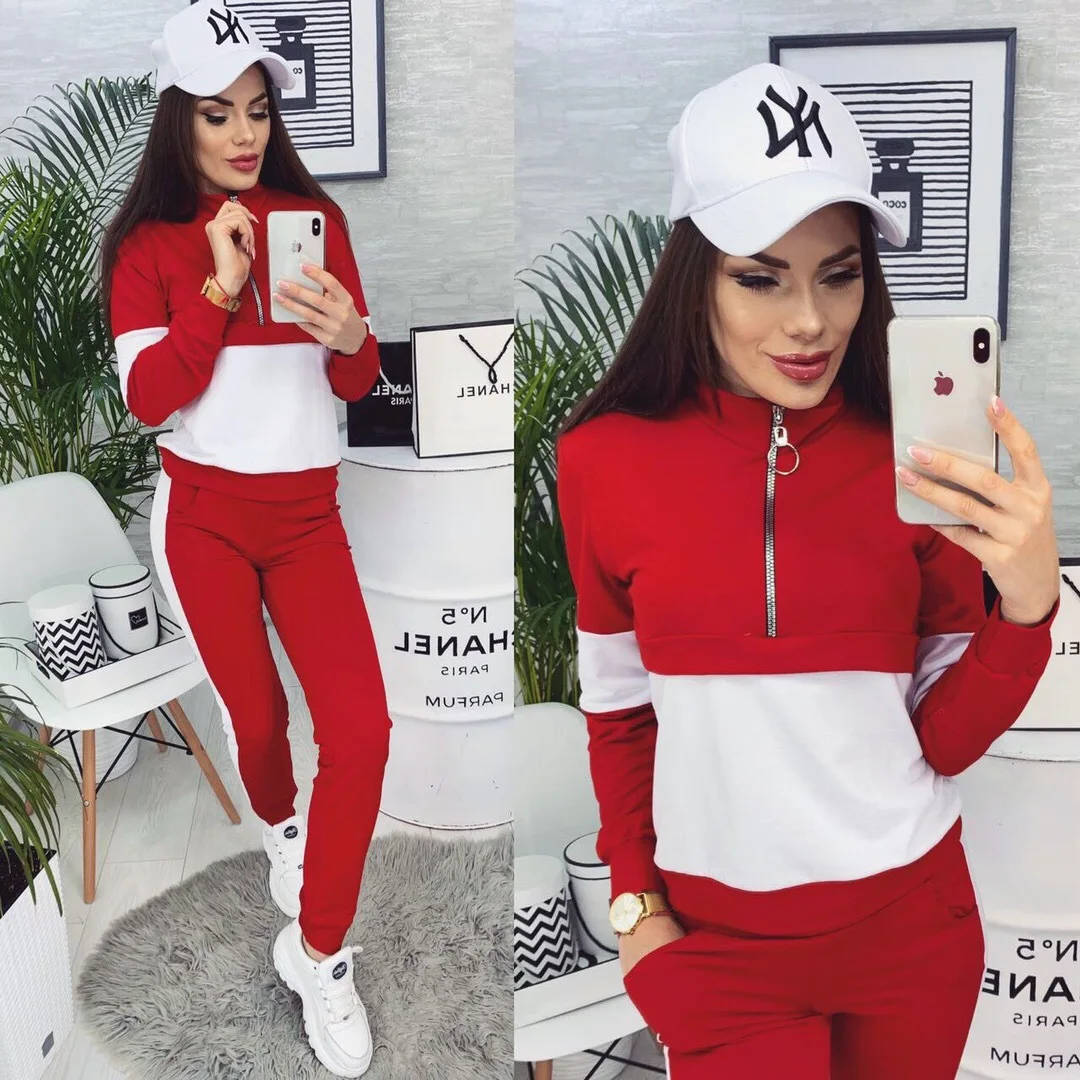 

Fashion Women's Suit Casual Stand-up Collar Pullover Geometric Stitching Conventional Trousers Sports Two-piece Suit Donsignet