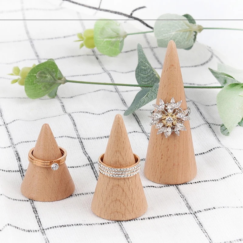 

Upscale Boutique Wood Ring Jewelry Display Holder Cone Shaped Organizer Stand Support Finger Rack Bague Crafts Storage Showcase