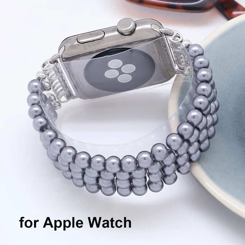 

Luxury Watch Bands 38mm 40mm Watchband for Apple Watch Band 38mm 42mm Elastic Dressy Bracelet for iWatch Strap Pearl Beaded Gray