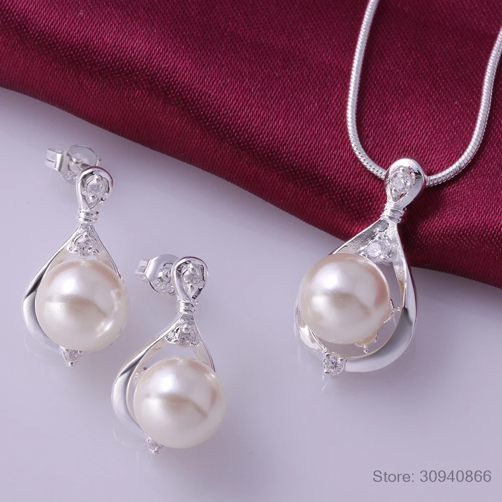 

2018 New Fashion 925 sterling silver Fine Jewelry Set Crystal Pearls Ring Earrings Necklace Jewelry Sets For Women