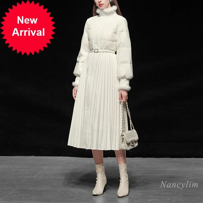 

White Duck Down 2020 Winter New Women's Clothing Elegant Lady Waist-Tight Pleated Large Swing Lantern Sleeve Trench Coat