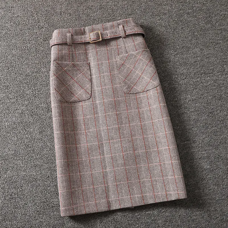 Женская шерстяная юбка с поясом длинная карманами и разрезом Осень-зима 2021 |