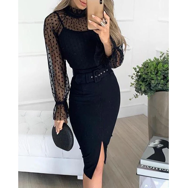 Women Sexy Slim Lace Bodycon Dress Ladies Knee Length Petal Long Sleeve Empire High Waist Evening Party Elegant Vestidos | Женская