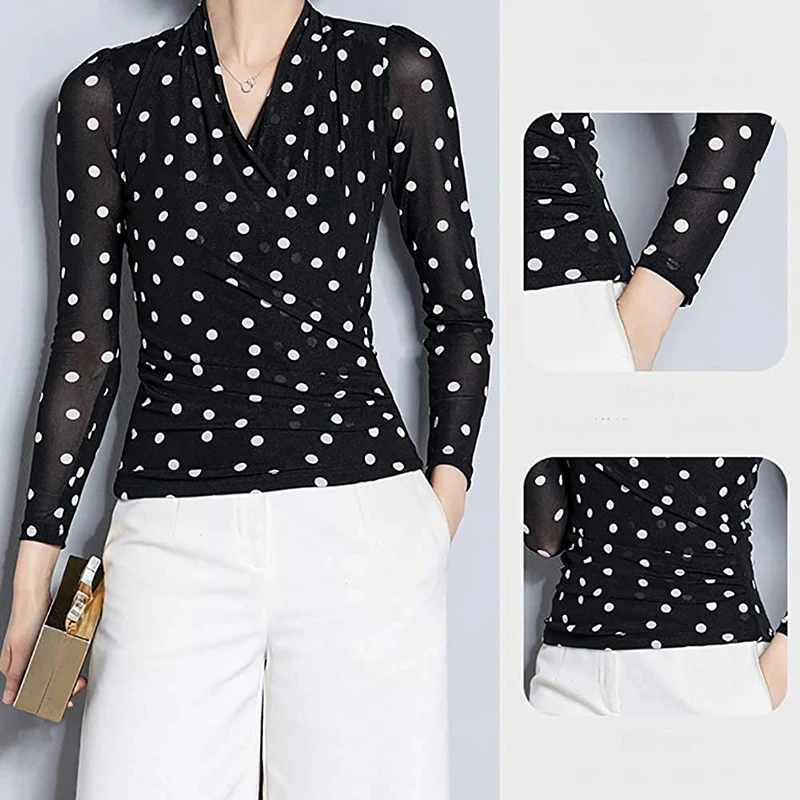 Spring Autumn Women Modern Latin Costume Casual V-Neck Black Dot Printed Lace Suit Bottoming Shirt