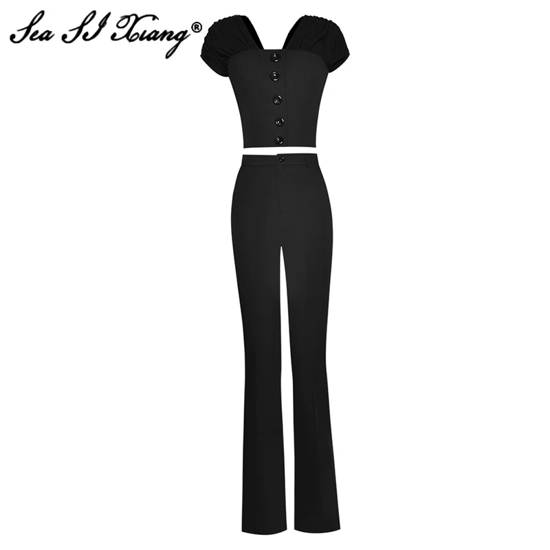 

Женский дизайнерский костюм из двух предметов Seasixiang, черный костюм с V-образным вырезом, коротким топом с пышными рукавами и длинными брюкам...