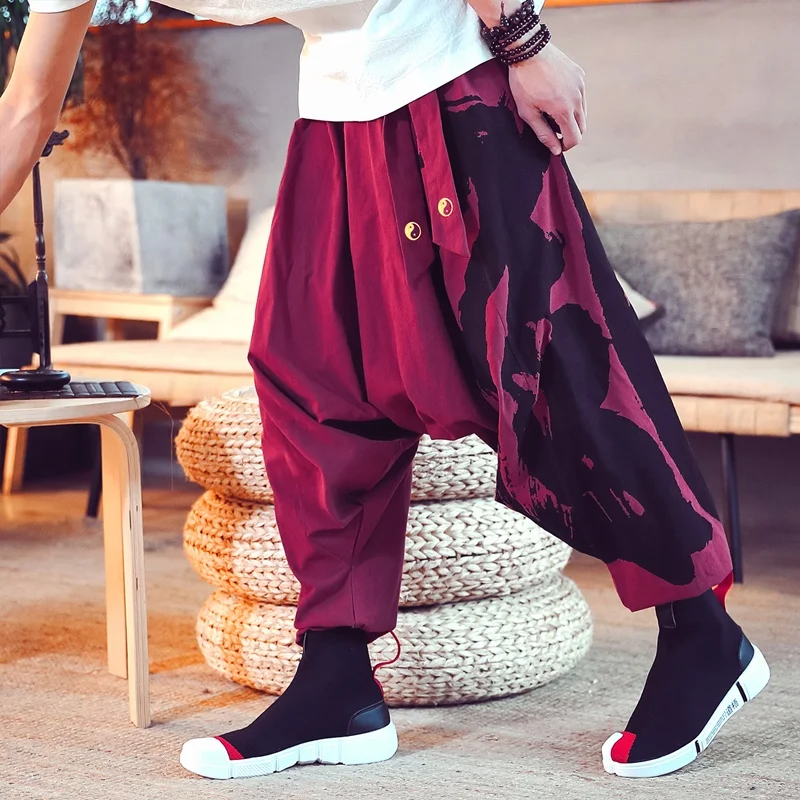 

Chinese Style Cotton Linen Printed Hip-Hop Cross Pants Mens Joggers Pants Japanese Style Suspender Pants Radish Trousers KK3187