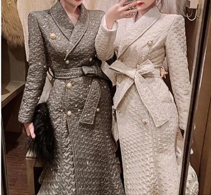 

2021 Autumn and Winter Women New Lapel Cotton Double-breasted Lace-up Jacket Long-sleeved Popular Sequined Mermaid Long Jacket
