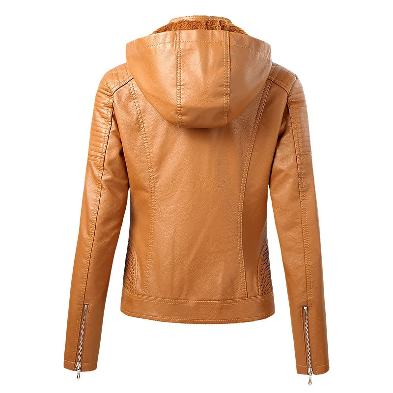 Fall/winter Plus Velvet PU Hooded Leather Fashion Warm Windproof Women's Zipper Three-dimensional Jacket Women Biker Jacket XL