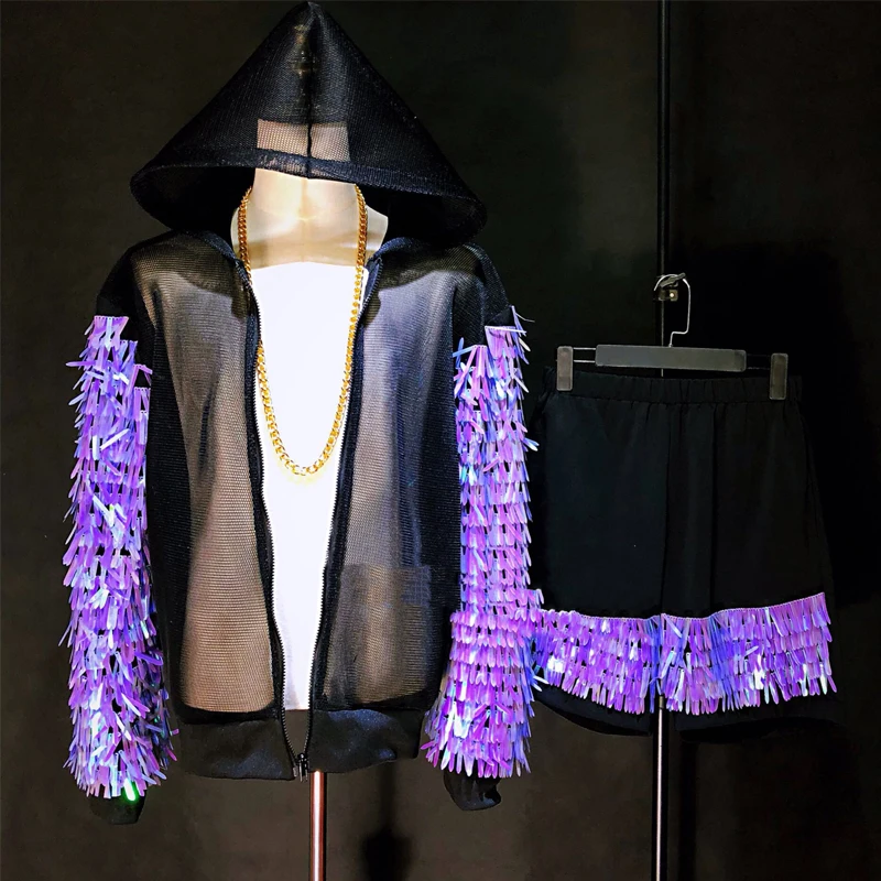 Костюм для мужчин Symphony Blue Purple Tassel с блестками, с курткой на сетке, шортами, одеждой для танцев хип-хоп, нарядом для рейва и клубной ночи Gogo в стиле XS2657.
