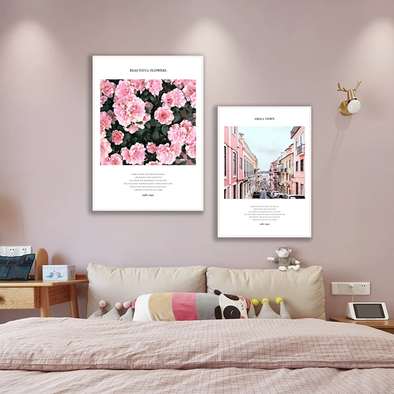 

Pink City view Nordic Romantic Words FLowers Poster Canvas Wall Art Prints Painting Home Decor Pictures for Living Room Bedroom