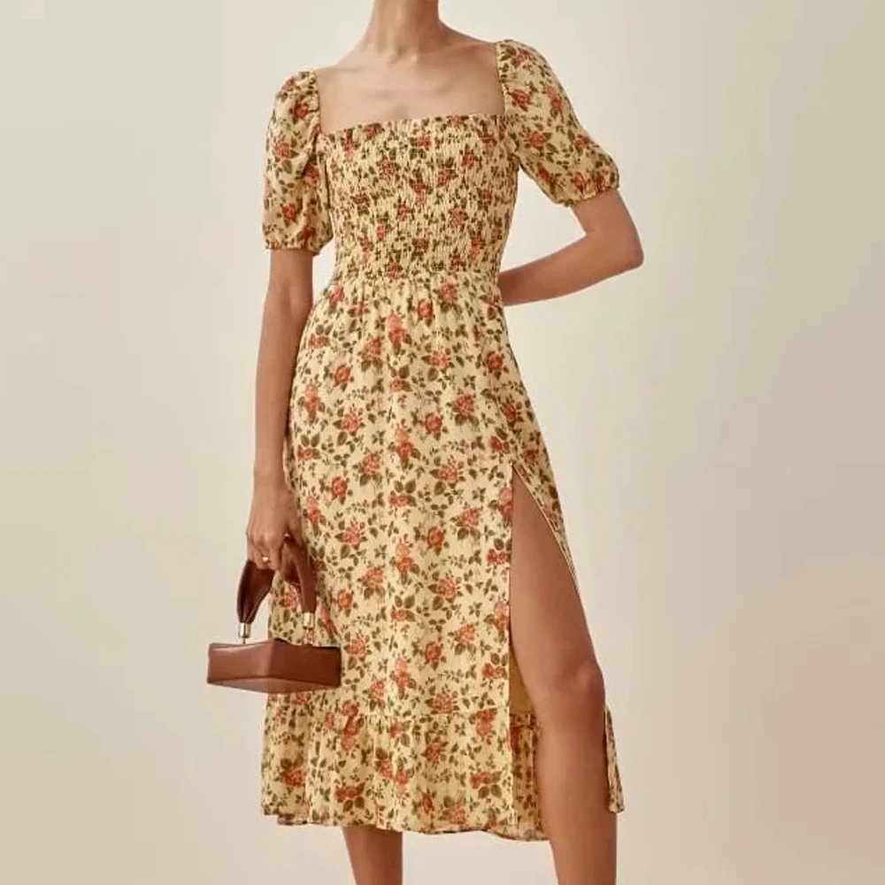 

2021 Summer One word collar Boho floral Split Dresses Fashion beach Middle length chiffon Vestidos Women holiday Slim Midi Dress